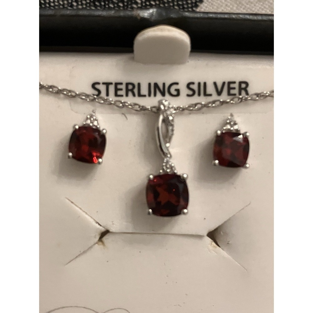 Sterling Silver Garnet Necklace & Earrings Set 18" Chain CZ NIB‎